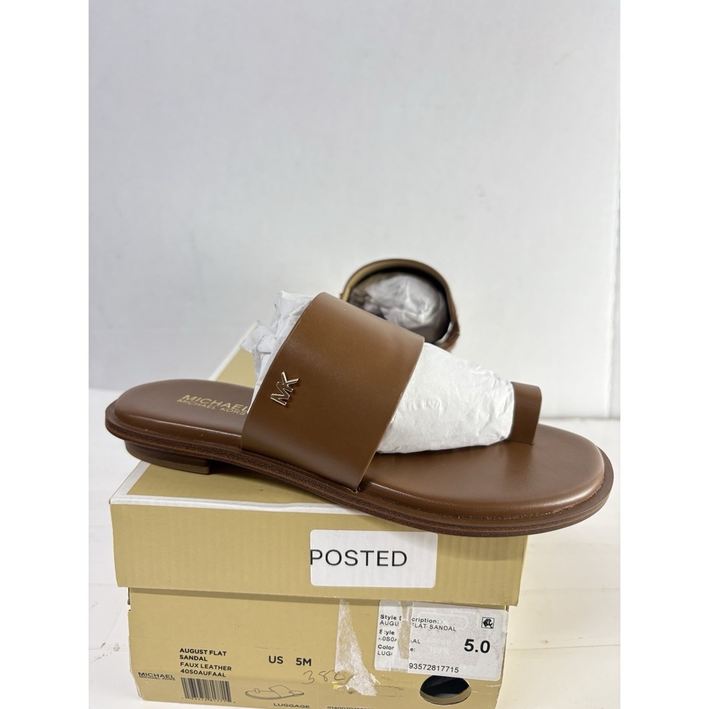 Michael Kors Women's August Brown Slide Flat Toe Ring  Sandals Faux Leather 5 M